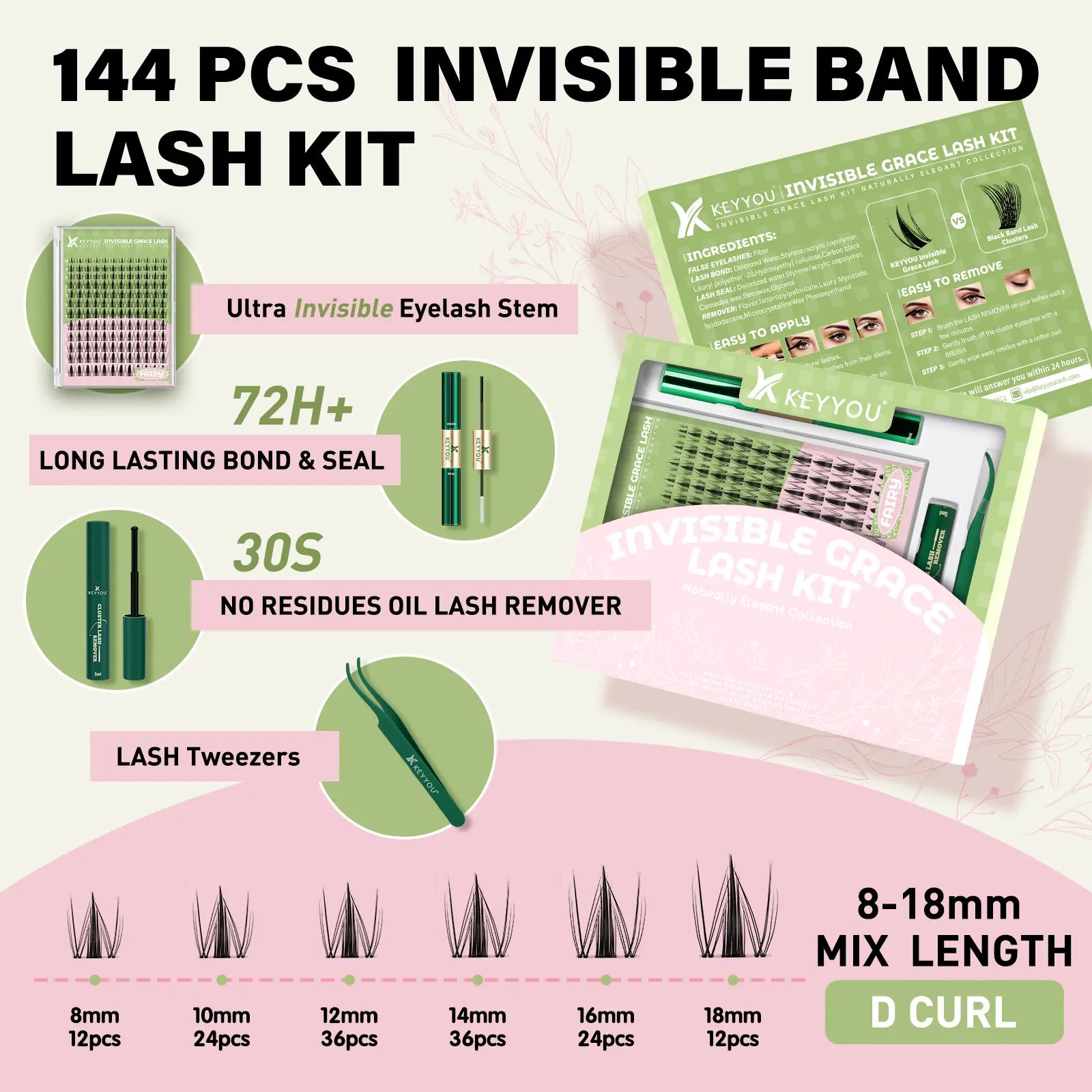 KEYYOU Fairy Chispa Lash Clusters Invisible Band DIY Lashes - Individual Clusters or Full Kit to Customize! -Wet Look Waterproof Eyelash Extension Wispy Manga Kawaii Doll Lashes Feline Lash Look Medusa Lash Handmade Lash #Dealsforyoudays
