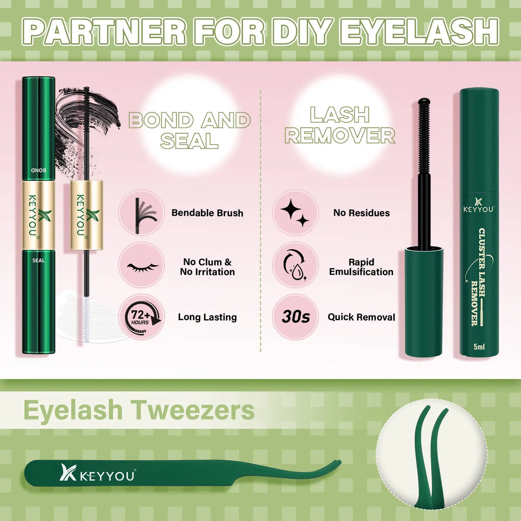 KEYYOU Fairy Chispa Lash Clusters Invisible Band DIY Lashes - Individual Clusters or Full Kit to Customize! -Wet Look Waterproof Eyelash Extension Wispy Manga Kawaii Doll Lashes Feline Lash Look Medusa Lash Handmade Lash #Dealsforyoudays