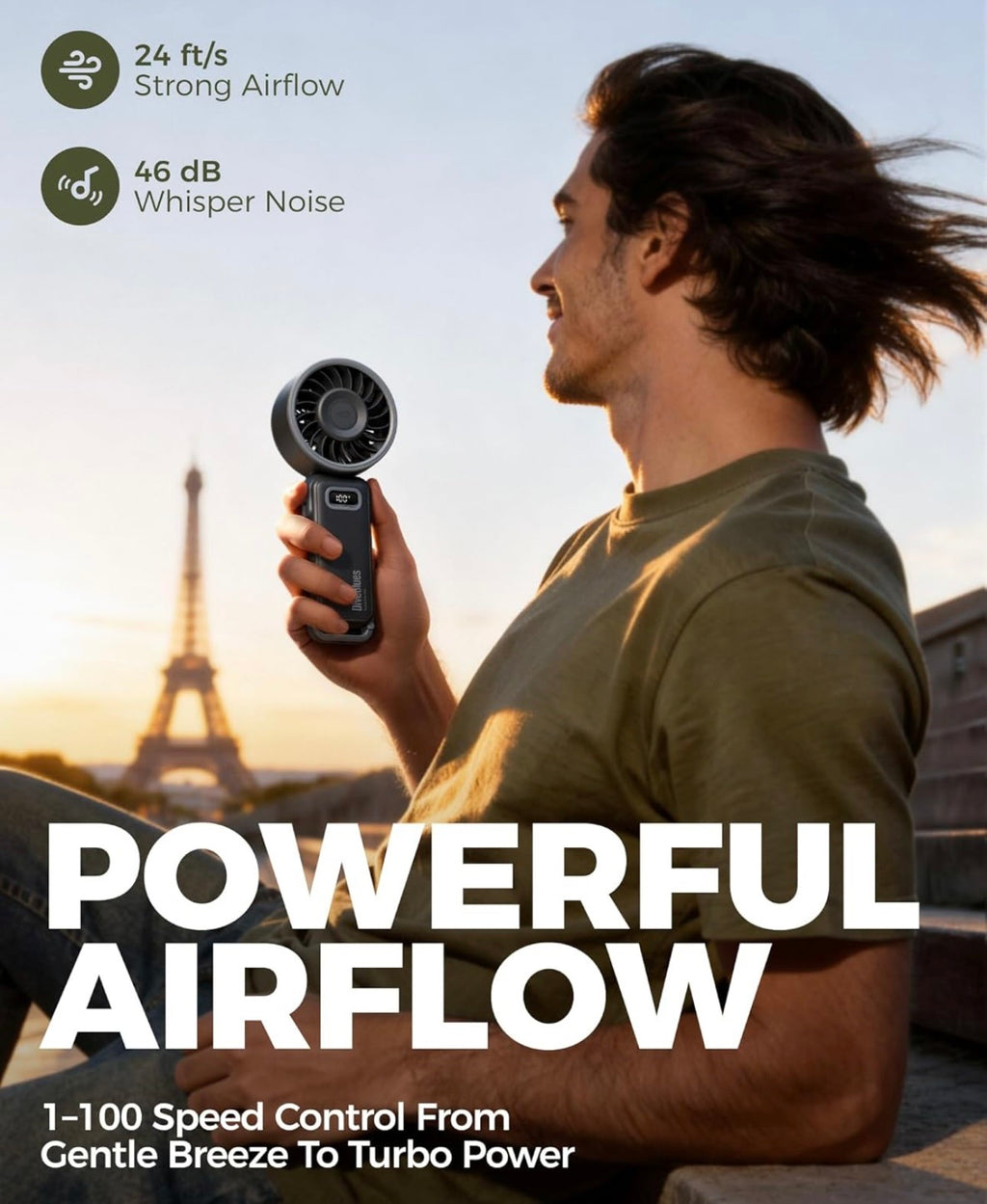 Portable Turbo Fan, 100 Speed Handheld Fan with Strong Airflow, Foldable 4 in 1 Personal Fan for Neck, Desk & Travel, USB-C Rechargeable, Lightweight for Summer, Concerts & Outdoor Use